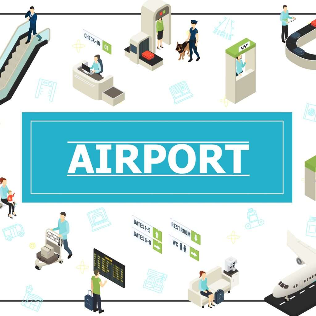 Illustrated airport environment showing terminal operations and aviation workflows